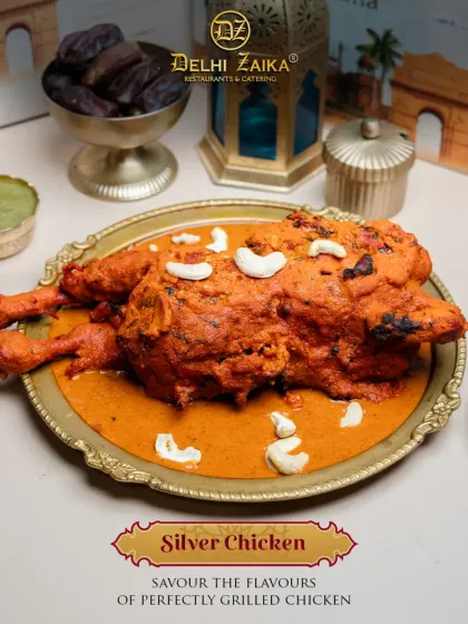 Our special Silver Chicken, a whole chicken grilled and served in a creamy cashew gravy, is a showstopper in our Ramadan Iftar Thaal.