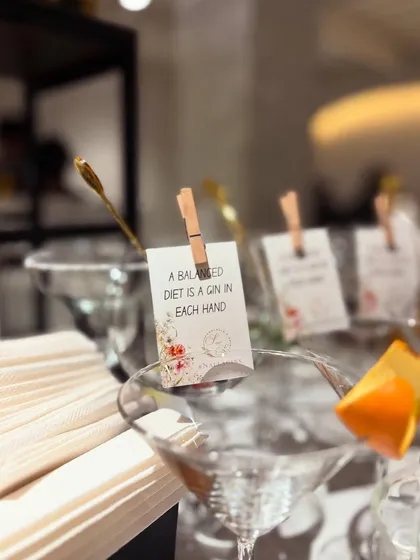 "A balanced diet is a gin in each hand." Another example of our fun, custom glass tags that add personality to the party.
