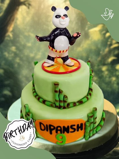 An epic Kung Fu Panda cake for a 9th birthday. This two-tier design features Po ready for action, surrounded by bamboo details. Skadoosh!