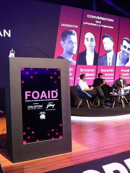 A wide shot of the 'Design Manthan' stage at FOAID India. We believe that participating in public forums is essential for contributing to the broader discourse on architecture and urbanism in India.
