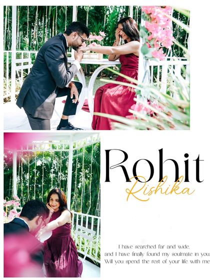 A romantic proposal moment captured in a beautiful white gazebo, framed by flowers. The design includes a heartfelt quote, adding to the romance.