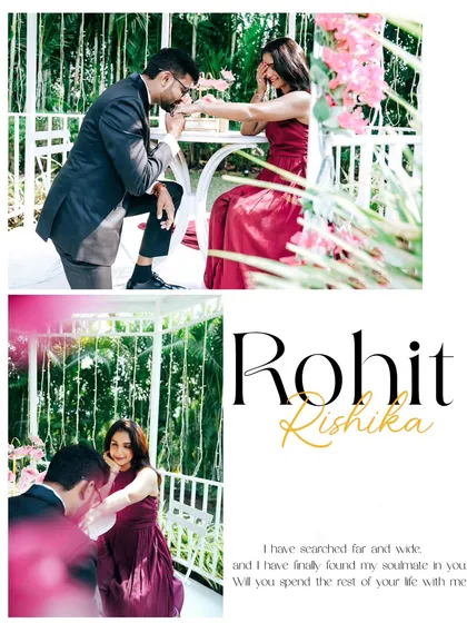 A romantic proposal moment captured in a beautiful white gazebo, framed by flowers. The design includes a heartfelt quote, adding to the romance.