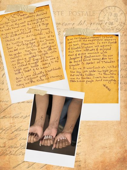 A collage showing the friends' journey and their handwritten notes, telling the story of a spontaneous trip that forged a bond worth commemorating in ink.