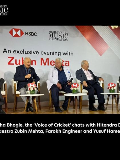 A wide shot of the engaging panel discussion with Harsha Bhogle, Maestro Zubin Mehta, and other distinguished guests, an event celebrating our new partnership with HSBC.