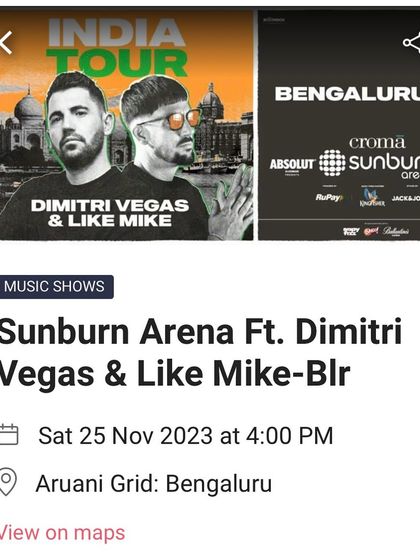 A screenshot of the BookMyShow listing for the Sunburn event at Aruani Grid, cementing our status as a major concert venue.