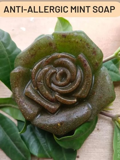 My Anti-Allergic Mint Soap, crafted in a beautiful rose shape. It's made with neem, tulsi, aloe vera, and mint to be naturally anti-bacterial and anti-fungal.