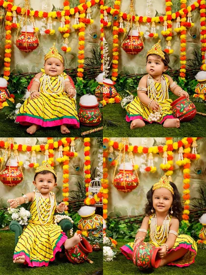 A collage of the adorable Radha outfits available for the Janmashtami mini sessions.