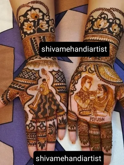 This design captures intimate wedding moments, including the groom applying sindoor and the couple sharing a meal. The groom's name is also personalized on the hand.