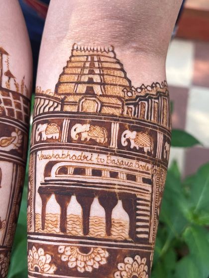 A close-up of the temple and meeting spot, showing the intricate architectural details and the personal touch of including the couple's journey.