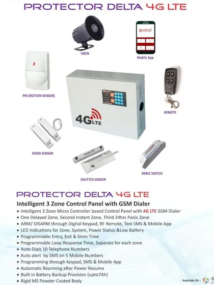 This is the complete Protector Delta 4G LTE wireless alarm system I install. You can see the main control panel, the loud siren, motion sensor, door sensor, and even a special shutter sensor for shops. Everything is controlled by the mobile app or the remote for easy use.