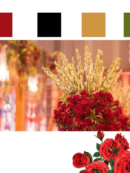 The color palette for our red-themed wedding. We use mood boards like this to ensure a cohesive and visually stunning result.