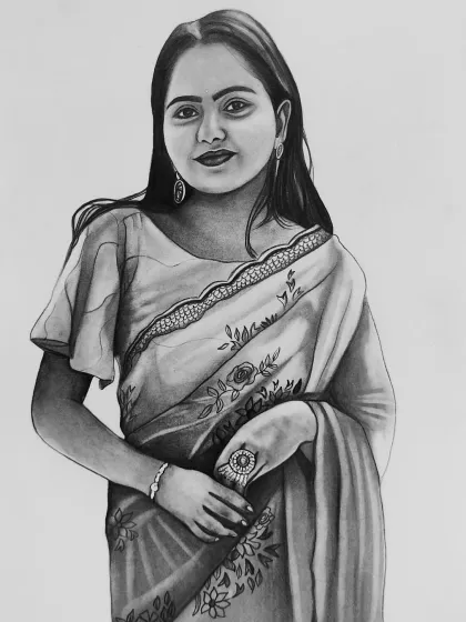 The final sketch from the Ranchi commission. The shading on the saree and the delicate details of her expression were my main focus in this piece.