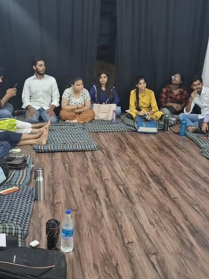 Another angle of the "Be a Jagrik" session, showing the large and diverse group of young people who have come together to learn about the constitution.