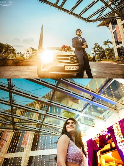 Capturing the style and glamour of the reception. The groom poses with a luxury car under the sun, while the bride is photographed against the sparkling lights of the modern venue, highlighting the event's sophisticated atmosphere.
