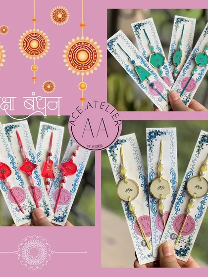 A festive collage of my handmade resin rakhis. The image showcases multiple designs in red, green, and cream, highlighting the craftsmanship of each piece.