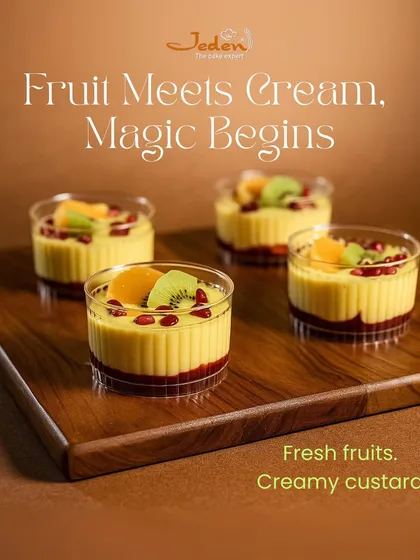 When fruit meets cream, magic begins. Our fruit custard cups are a delightful mix of creamy, smooth custard and a medley of fresh fruits like kiwi and pomegranate, offering a light and healthy dessert option.