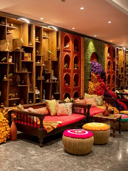A vibrant and comfortable lounge seating area we created for a festive event. The traditional Indian decor, with its rich colours and textures, invites guests to relax and socialize.