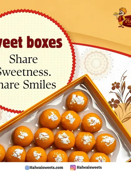 Share sweetness and smiles with my sweet boxes. This image features a box filled with bright orange motichoor ladoos, perfect for any happy occasion.