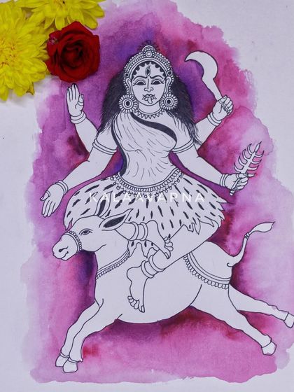 Devi Katyayani, the sixth form of Navadurga, is a warrior goddess. This drawing shows her riding a donkey, a depiction that varies in different traditions, with a purple watercolor wash.
