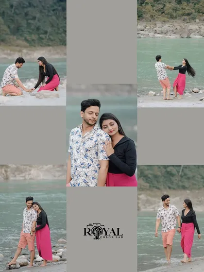 A nine-grid collage showing various playful and romantic moments of a couple by the river.
