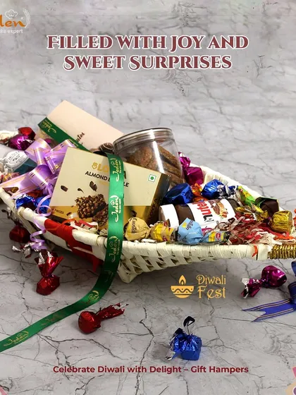 Our unique boat-shaped basket hamper is filled to the brim with joy and sweet surprises. It’s an eye-catching gift packed with cookies, chocolates, and other treats, perfect for making a grand gesture this Diwali.