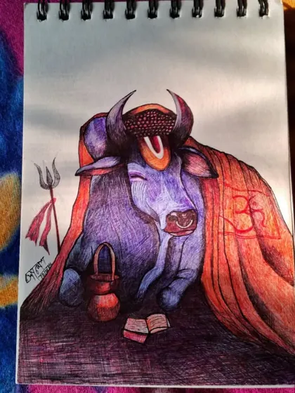 This is my detailed pen sketch of Nandi Maharaj, the sacred bull and devotee of Lord Shiva. I spent a lot of time on the colors and fine lines to capture a sense of peace and devotion. This kind of spiritual art is a very important part of my practice.