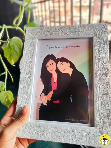 A touching illustration of two friends embracing, with a rainbow background and the quote "Greater the storm, brighter the rainbow." This piece is set in a textured white frame.