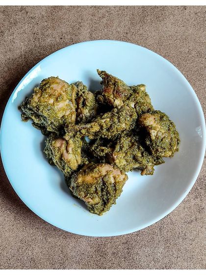 This is my signature Chilli Chicken, but not the kind you might be thinking of. It's an Old Bangalore Naati style dish, made with a green chilli and herb masala that is fresh, spicy, and incredibly aromatic.