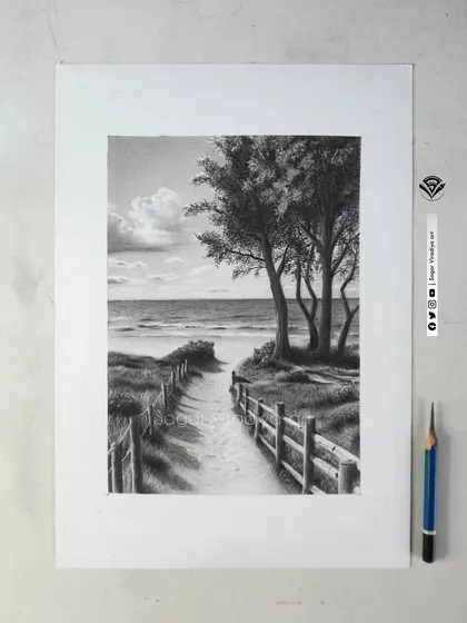 This is the final result of a piece from my Graphite Landscape Workshop. I focused on creating depth through careful shading, from the wooden fence in the foreground to the soft clouds and distant ocean, showing that the principles of realism can be applied to any subject.