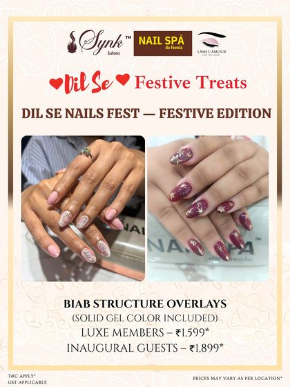 This festive offer for BIAB structure overlays features two examples of the service. One is a delicate, sparkling design, while the other is a bold, glittery red set.