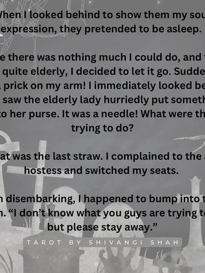 An unsettling airplane encounter with an elderly couple who look just like someone's deceased son and attempt to prick them with a needle.