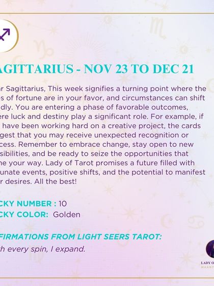 This week for Sagittarius signifies a turning point where the tides of fortune are in your favor. Embrace change, stay open to new possibilities, and be ready to seize the opportunities that come your way.