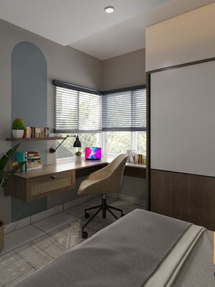 A corner study nook in a bedroom, using a floating desk to maximize floor space while providing a functional area for work or study.
