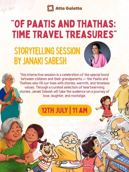 Poster for 'Of Paatis and Thathas', a storytelling session by Janaki Sabesh celebrating grandparents.