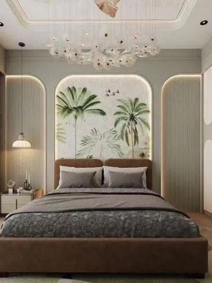 This 3D render presents a nature-inspired bedroom with a large, palm-themed wallpaper set within an arched alcove. The design is complemented by a modern chandelier and curved wardrobe panels, creating a serene, resort-like feel.