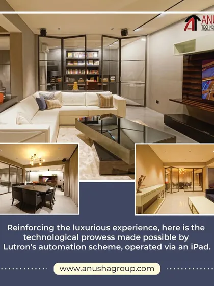 This collage shows a modern living room where I used Lutron automation to create a luxurious and technologically advanced experience. The entire system, including the AV equipment, is operated effortlessly from an iPad.