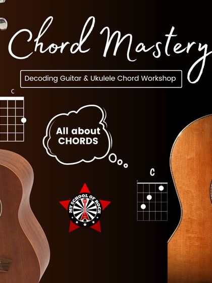 An event poster for 'Chord Mastery,' a workshop dedicated to decoding guitar and ukulele chords using music theory and practical application.
