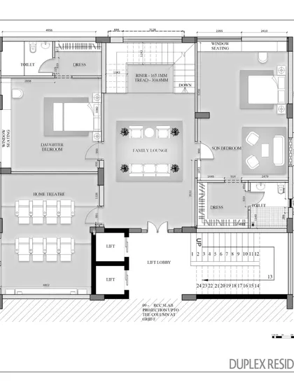 The floor plan for one level of the duplex residence. This layout shows the home theatre, daughter's bedroom, and a central family lounge, demonstrating our approach to creating distinct zones for family life.