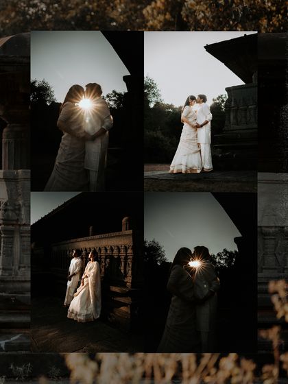 A collage capturing the dramatic silhouette of the couple against the setting sun, creating a powerful and romantic series of images.