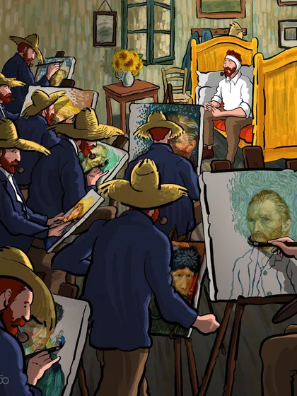 A surreal depiction of the artist's inner struggle and self-reflection. The "real" Vincent, wounded, sits on his bed while countless versions of himself as an artist try to capture his likeness, exploring the gap between the self and the self-portrait.
