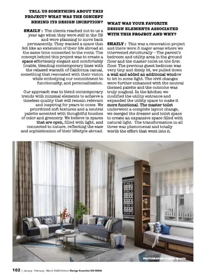 I was so thrilled to see my Project Lakshya featured in Design Essentia magazine. The article highlights my design philosophy of blending contemporary lines with California casual elegance to create timeless, functional, and personalized spaces.