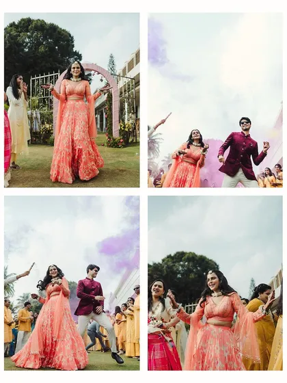 A collage of the couple's entry and dance at their Haldi, surrounded by clouds of colored smoke.