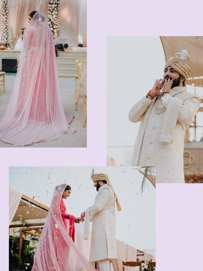 A collage from Mohit and Shikha's beachside wedding, capturing the bride's stunning pink lehenga and the happy ceremony moments.