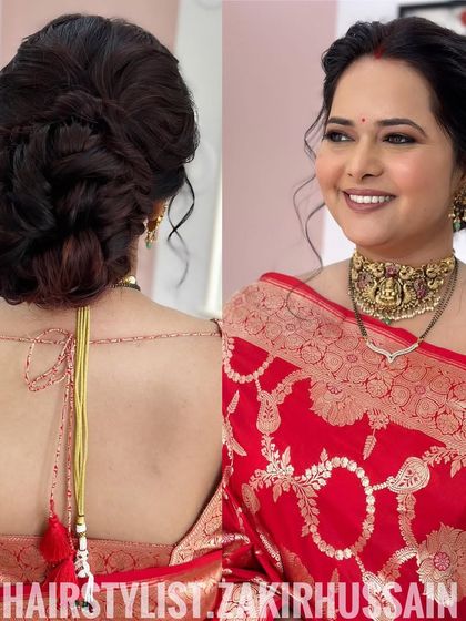 A dual-angle view of the textured updo, showing both the intricate back and the smiling client, perfect for a Karwa Chauth celebration.