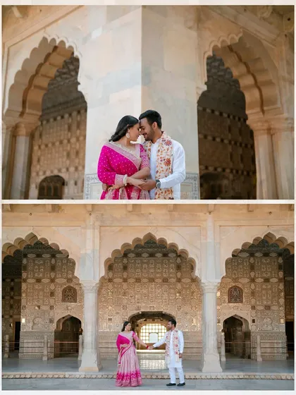 A stunning collage of Ronit and Ritu at Amer Fort, showcasing the intricate marble work of the Sheesh Mahal (Mirror Palace).