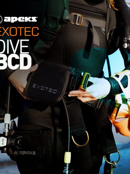 The Apeks Exotec BCD in action, demonstrating its streamlined fit. The articulating backplate pivots at the waist, moving with the diver's body to maximize freedom of movement and reduce drag for better energy efficiency.