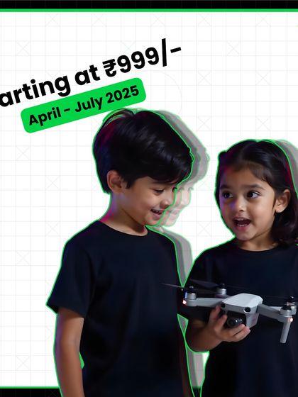 Our Summer Camp Phase 2 courses start at an affordable ₹999, running from April to July. This image captures the wonder of a child discovering drone technology.