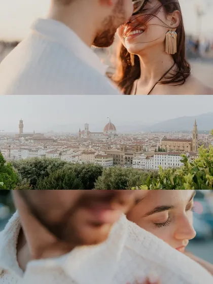 A collage of intimate, sun-drenched moments overlooking Florence. It combines close-ups of the couple's happy expressions with the beautiful cityscape, creating a warm and romantic feel.