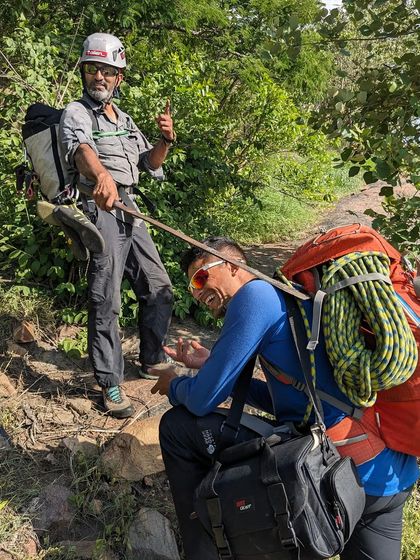 Two of our volunteers sharing a laugh during a route development day. Hard work is always balanced with good humor and friendship.