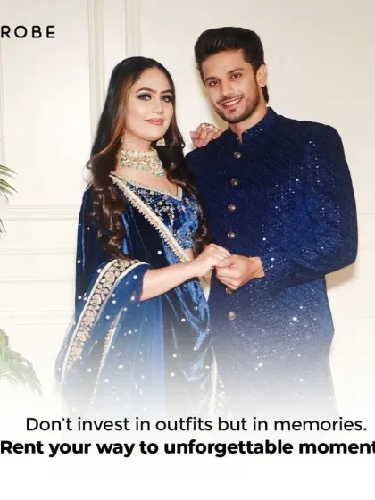 Don't invest in outfits, invest in memories. This image of a couple in coordinated blue outfits reminds you that renting allows you to create unforgettable moments without the high cost.